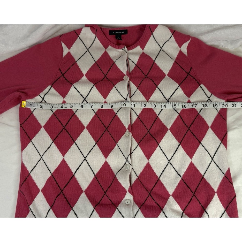Lands End‎ Pink Argyle Cardigan L Supima Cotton Preppy Classic Sweater - Picture 4 of 10